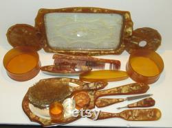 Antique Art Deco 20-30's Vanity Grooming Marbleized Celluloid Honey Color 16pcs