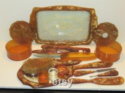 Antique Art Deco 20-30's Vanity Grooming Marbleized Celluloid Honey Color 16pcs