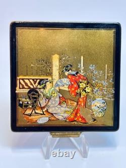 Antique Art Deco Chinoiserie Japanese Geisha Scene Lacquer Powder Compact Box