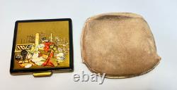 Antique Art Deco Chinoiserie Japanese Geisha Scene Lacquer Powder Compact Box