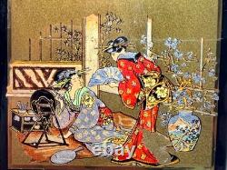Antique Art Deco Chinoiserie Japanese Geisha Scene Lacquer Powder Compact Box