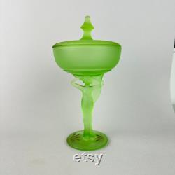 Antique Art Deco LE Smith Carrie Powder Jar in Green Satin Glass Uranium Glass Draped Nude Woman Dermay Fifth Avenue Cosmetics 1920s