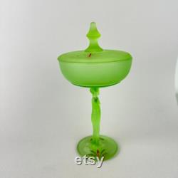 Antique Art Deco LE Smith Carrie Powder Jar in Green Satin Glass Uranium Glass Draped Nude Woman Dermay Fifth Avenue Cosmetics 1920s