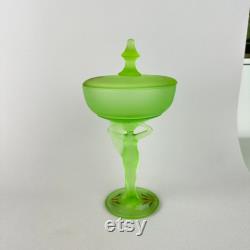 Antique Art Deco LE Smith Carrie Powder Jar in Green Satin Glass Uranium Glass Draped Nude Woman Dermay Fifth Avenue Cosmetics 1920s