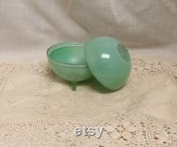 Antique Art Deco Powder Jar Impressed Rose Lid Green Painted Glass Powder Box