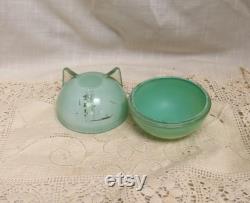 Antique Art Deco Powder Jar Impressed Rose Lid Green Painted Glass Powder Box