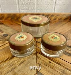 Antique, Art Deco, Ribbed, Frosted Glass, Floral, Vanity Jars, Set 3