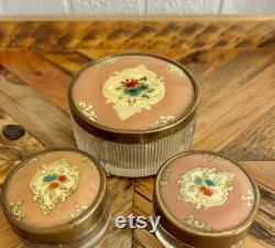 Antique, Art Deco, Ribbed, Frosted Glass, Floral, Vanity Jars, Set 3