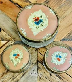 Antique, Art Deco, Ribbed, Frosted Glass, Floral, Vanity Jars, Set 3