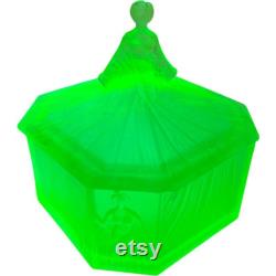 Antique Art Deco Uranium Glass Ramses Roxana Powder Jar Vintage 1920's Uranium Powder Jar