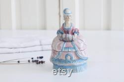 Antique Art Deco porcelain powder box, German figural half doll lady dresser jar, ring dish, trinket jewelry box, Shabby chic Chateau