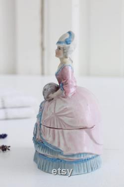 Antique Art Deco porcelain powder box, German figural half doll lady dresser jar, ring dish, trinket jewelry box, Shabby chic Chateau