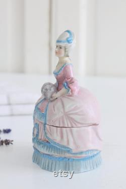 Antique Art Deco porcelain powder box, German figural half doll lady dresser jar, ring dish, trinket jewelry box, Shabby chic Chateau