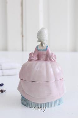 Antique Art Deco porcelain powder box, German figural half doll lady dresser jar, ring dish, trinket jewelry box, Shabby chic Chateau