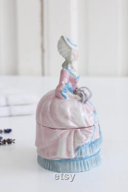 Antique Art Deco porcelain powder box, German figural half doll lady dresser jar, ring dish, trinket jewelry box, Shabby chic Chateau