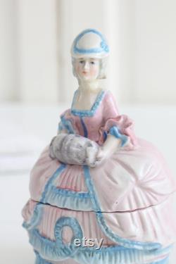 Antique Art Deco porcelain powder box, German figural half doll lady dresser jar, ring dish, trinket jewelry box, Shabby chic Chateau