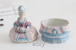 Antique Art Deco porcelain powder box, German figural half doll lady dresser jar, ring dish, trinket jewelry box, Shabby chic Chateau