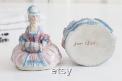 Antique Art Deco porcelain powder box, German figural half doll lady dresser jar, ring dish, trinket jewelry box, Shabby chic Chateau