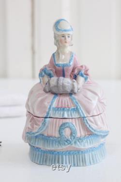 Antique Art Deco porcelain powder box, German figural half doll lady dresser jar, ring dish, trinket jewelry box, Shabby chic Chateau
