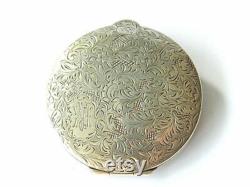 Antique Art Nouveau POWDER BOX Etched Sterling Silver Compact Monogramed RK Vanity Collectible All-Over Floral Etchings