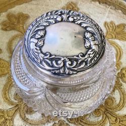 Antique Art Nouveau Powder Jar, Sterling Silver Stamped Lid with Cut glass Jar