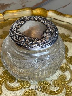 Antique Art Nouveau Powder Jar, Sterling Silver Stamped Lid with Cut glass Jar