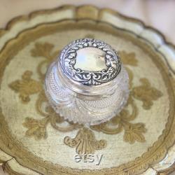 Antique Art Nouveau Powder Jar, Sterling Silver Stamped Lid with Cut glass Jar