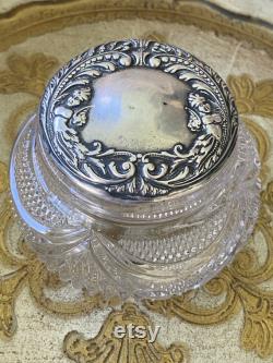 Antique Art Nouveau Powder Jar, Sterling Silver Stamped Lid with Cut glass Jar