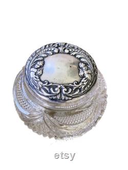 Antique Art Nouveau Powder Jar, Sterling Silver Stamped Lid with Cut glass Jar