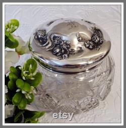 Antique Art Nouveau Sterling Powder Jar with Monogram, Glass Dresser Jar with Sterling Monogram Lid, Dressing Table Vanity Jar, Vanity Decor