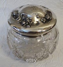 Antique Art Nouveau Sterling Powder Jar with Monogram, Glass Dresser Jar with Sterling Monogram Lid, Dressing Table Vanity Jar, Vanity Decor