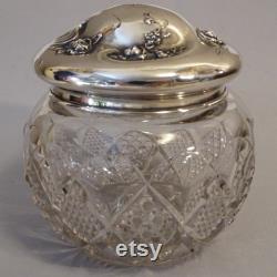 Antique Art Nouveau Sterling Powder Jar with Monogram, Glass Dresser Jar with Sterling Monogram Lid, Dressing Table Vanity Jar, Vanity Decor