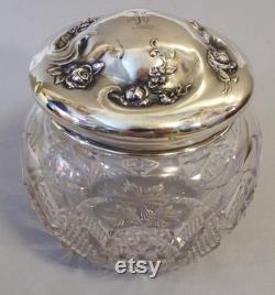 Antique Art Nouveau Sterling Powder Jar with Monogram, Glass Dresser Jar with Sterling Monogram Lid, Dressing Table Vanity Jar, Vanity Decor
