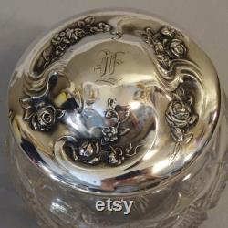 Antique Art Nouveau Sterling Powder Jar with Monogram, Glass Dresser Jar with Sterling Monogram Lid, Dressing Table Vanity Jar, Vanity Decor