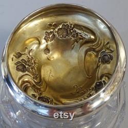 Antique Art Nouveau Sterling Powder Jar with Monogram, Glass Dresser Jar with Sterling Monogram Lid, Dressing Table Vanity Jar, Vanity Decor