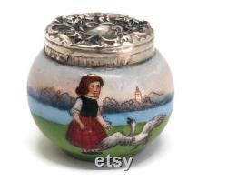 Antique Art Nouveau Sterling Silver Porcelain Powder Pot Dutch Lady and Seagull Scene, London 1904