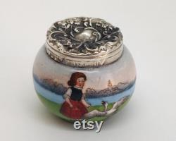 Antique Art Nouveau Sterling Silver Porcelain Powder Pot Dutch Lady and Seagull Scene, London 1904