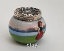 Antique Art Nouveau Sterling Silver Porcelain Powder Pot Dutch Lady and Seagull Scene, London 1904