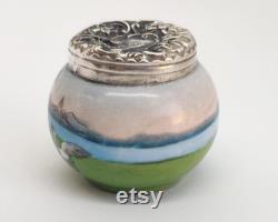 Antique Art Nouveau Sterling Silver Porcelain Powder Pot Dutch Lady and Seagull Scene, London 1904