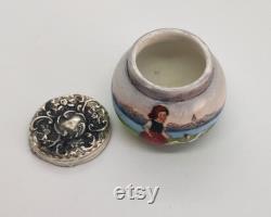 Antique Art Nouveau Sterling Silver Porcelain Powder Pot Dutch Lady and Seagull Scene, London 1904