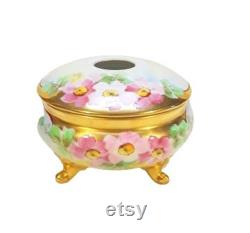 Antique Bavarian Hair Receiver Powder Trinket Box Hand Painted Pink Roses Victorian Vintage Vanity Shabby Cottage Boudoir