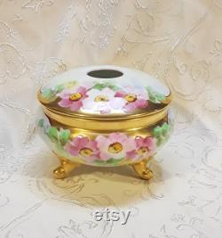 Antique Bavarian Hair Receiver Powder Trinket Box Hand Painted Pink Roses Victorian Vintage Vanity Shabby Cottage Boudoir