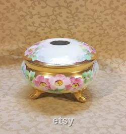 Antique Bavarian Hair Receiver Powder Trinket Box Hand Painted Pink Roses Victorian Vintage Vanity Shabby Cottage Boudoir