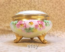 Antique Bavarian Hair Receiver Powder Trinket Box Hand Painted Pink Roses Victorian Vintage Vanity Shabby Cottage Boudoir