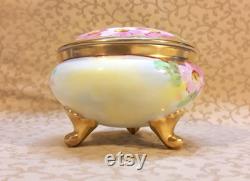 Antique Bavarian Hair Receiver Powder Trinket Box Hand Painted Pink Roses Victorian Vintage Vanity Shabby Cottage Boudoir