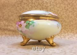 Antique Bavarian Hair Receiver Powder Trinket Box Hand Painted Pink Roses Victorian Vintage Vanity Shabby Cottage Boudoir