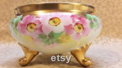 Antique Bavarian Hair Receiver Powder Trinket Box Hand Painted Pink Roses Victorian Vintage Vanity Shabby Cottage Boudoir