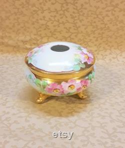 Antique Bavarian Hair Receiver Powder Trinket Box Hand Painted Pink Roses Victorian Vintage Vanity Shabby Cottage Boudoir