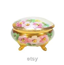 Antique Bavarian Powder Trinket Box Hand Painted Pink Roses Victorian Vintage Vanity Shabby Cottage Boudoir