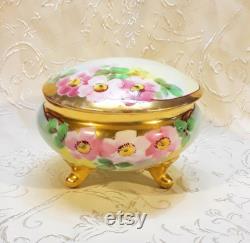 Antique Bavarian Powder Trinket Box Hand Painted Pink Roses Victorian Vintage Vanity Shabby Cottage Boudoir